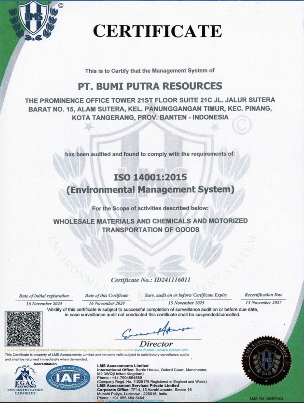Sertifikat ISO 14001 — Environmental Management System