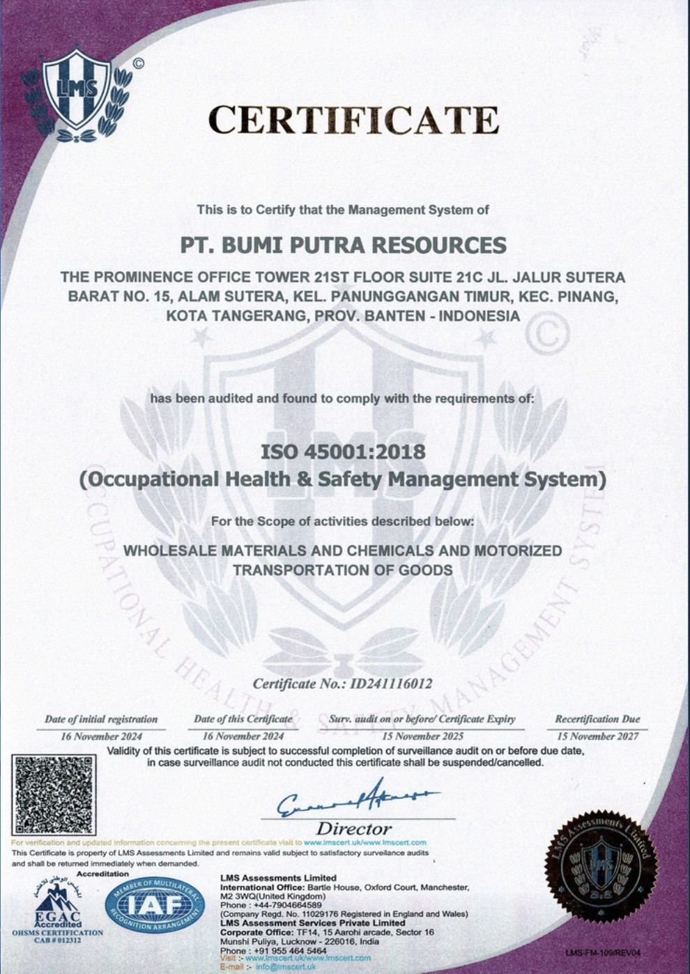 Sertifikat ISO 45001 — Occupational Health & Safety Management System