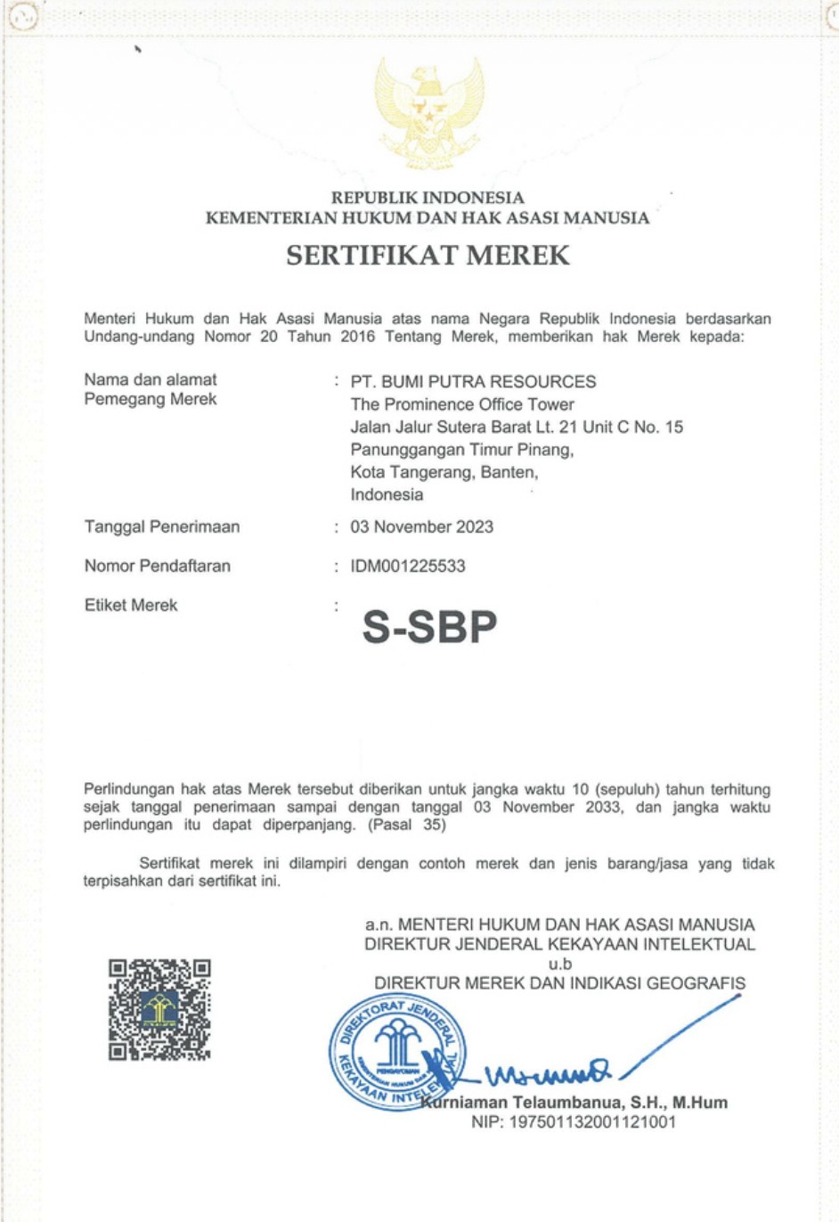 Sertifikat S-SBP — Sertifikat Merek