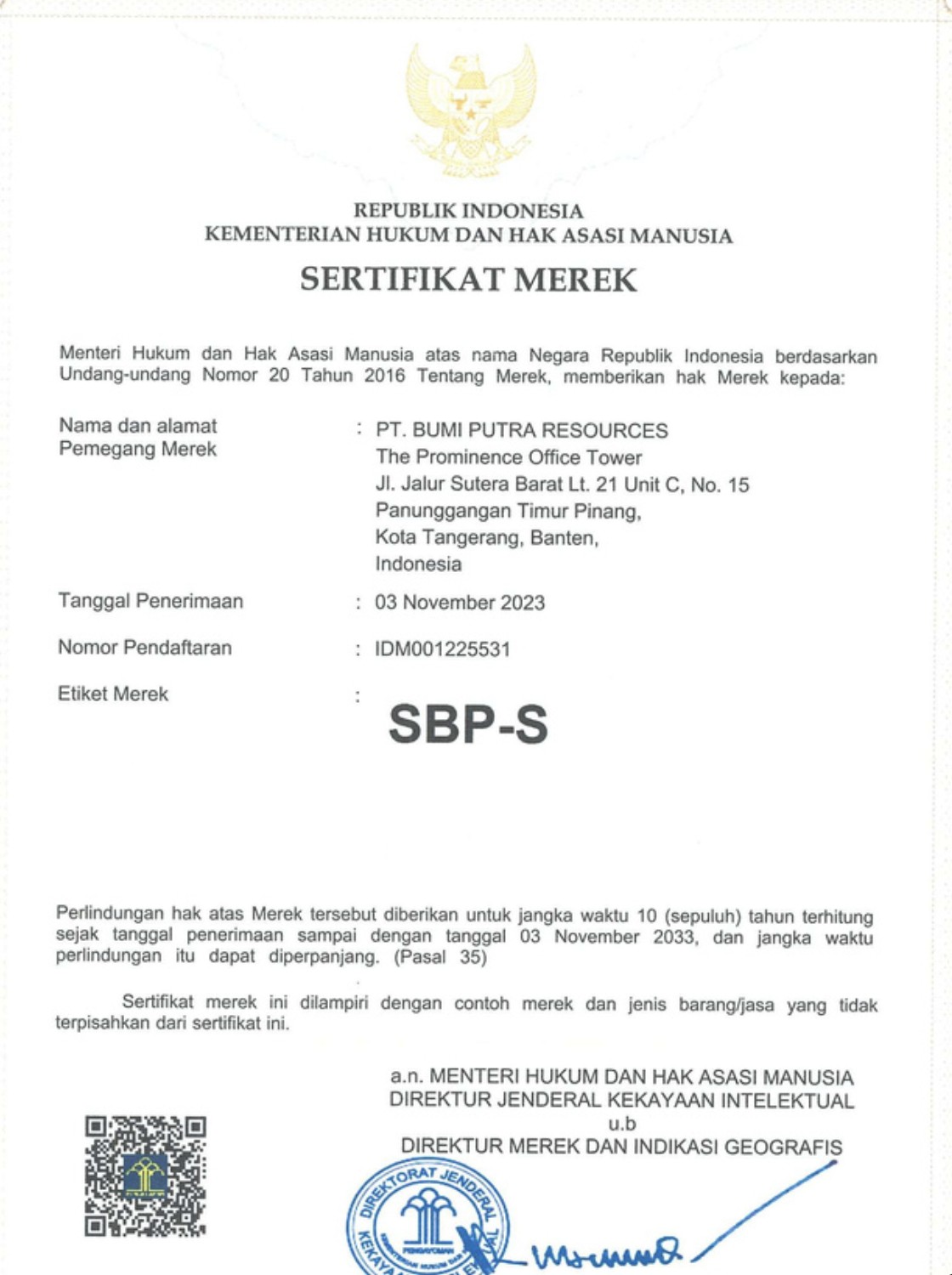 Sertifikat SBP-S — Sertifikat Merek