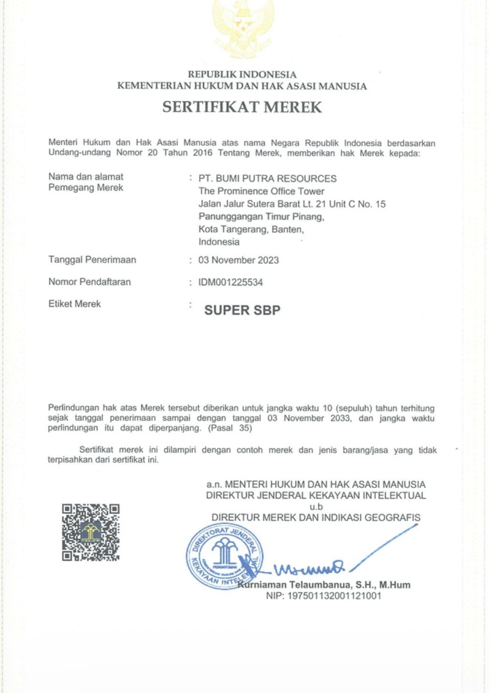 Sertifikat SUPER SBP — Sertifikat Merek